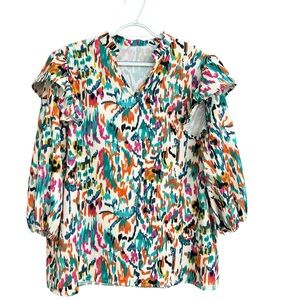 Women's Multicolor Print V-Neck Ruffle Sleeve Top Size XXL